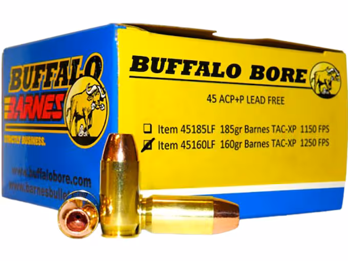 Buffalo Bore 45 ACP +P Ammo 160 Grain Barnes TAC-XP Solid Hollow Point Lead Free