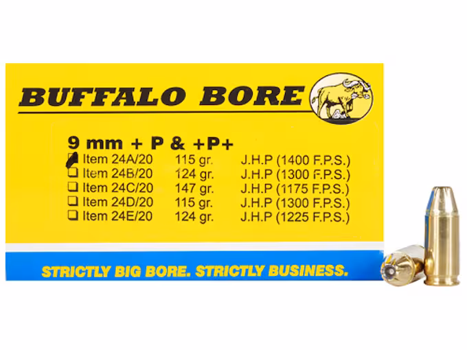 Buffalo Bore 9mm Luger +P+ Ammo 115 Grain Jacketed Hollow Point