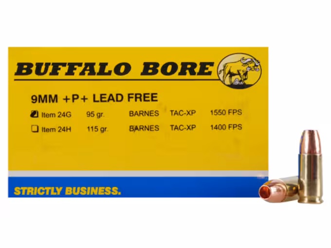 Buffalo Bore 9mm Luger +P+ Ammo 95 Grain Barnes TAC-XP Solid Hollow Point Lead Free