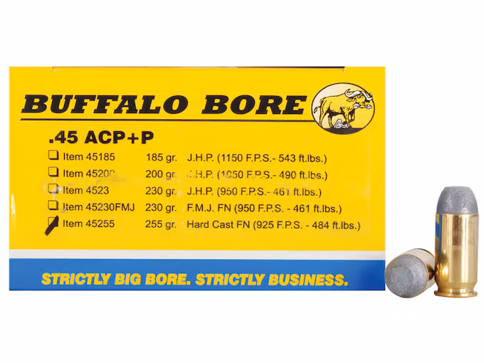 Buffalo Bore Outdoorsman 45 ACP +P Ammo 255 Grain Flat Nose
