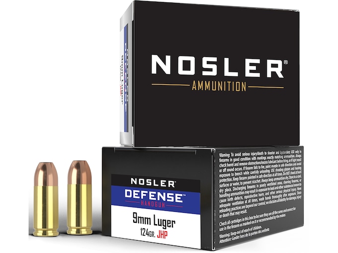 Nosler Defense 9mm Luger +P Ammo 124 Grain Bonded Jacketed Hollow Point