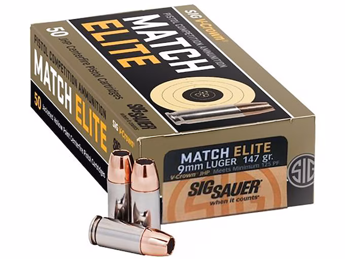 Sig Sauer Match Elite 9mm Luger Ammo 147 Grain Sig V-Crown Jacketed Hollow Point