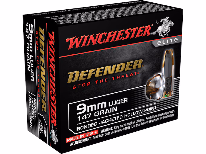 Winchester Defender 9mm Luger Ammo 147 Grain Winchester PDX1 Bonded Jacketed Hollow Point